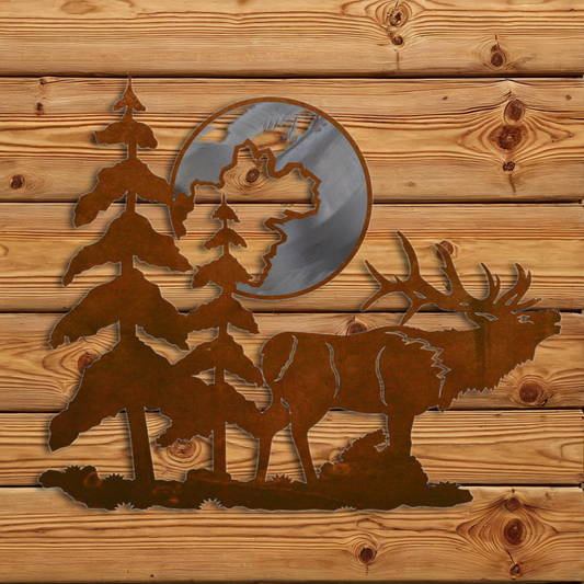 WA-3044 Elk & Moon 20" Burnished Wall Art