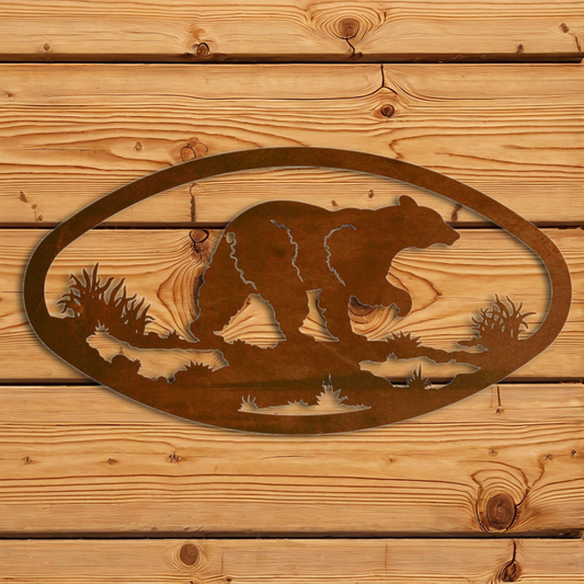 WA-73001 Black Bear Oval Wall Art Horizontal