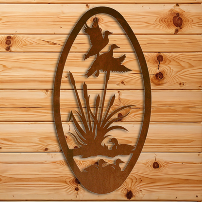 WA-72020 Duck/Cattail Oval Vertical Wall Art