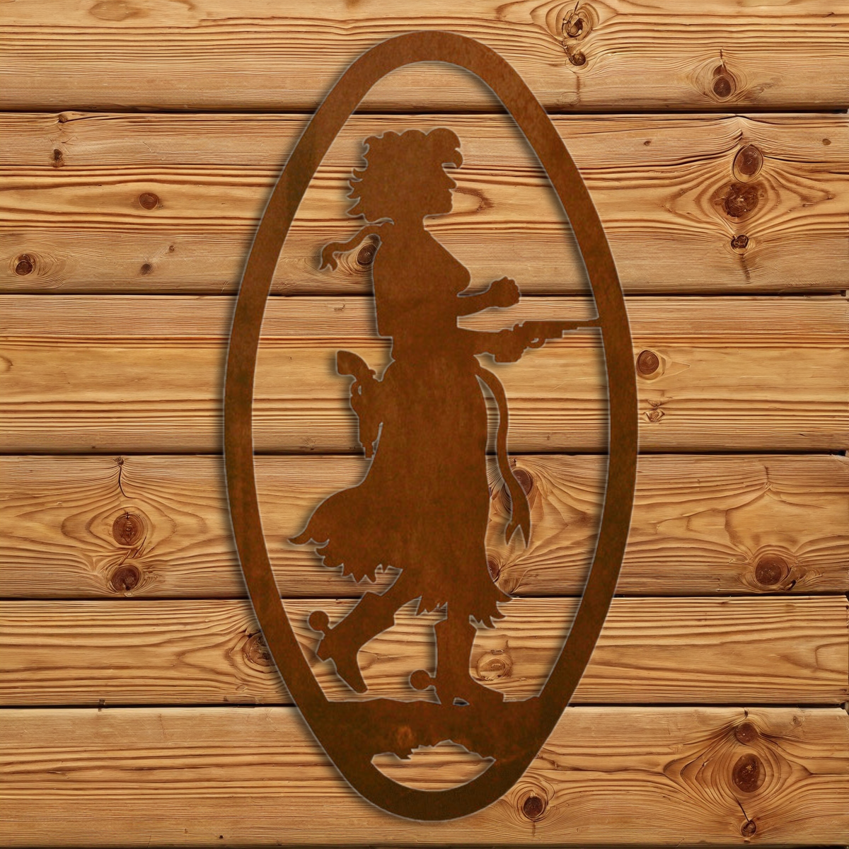 WA-72084 Pistol Cowgirl Oval Vertical Wall Art