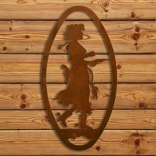 WA-72084 Pistol Cowgirl Oval Vertical Wall Art